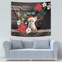 Black Christmas tapestry featuring fennec fox Santa, poinsettias, and festive patterned edge