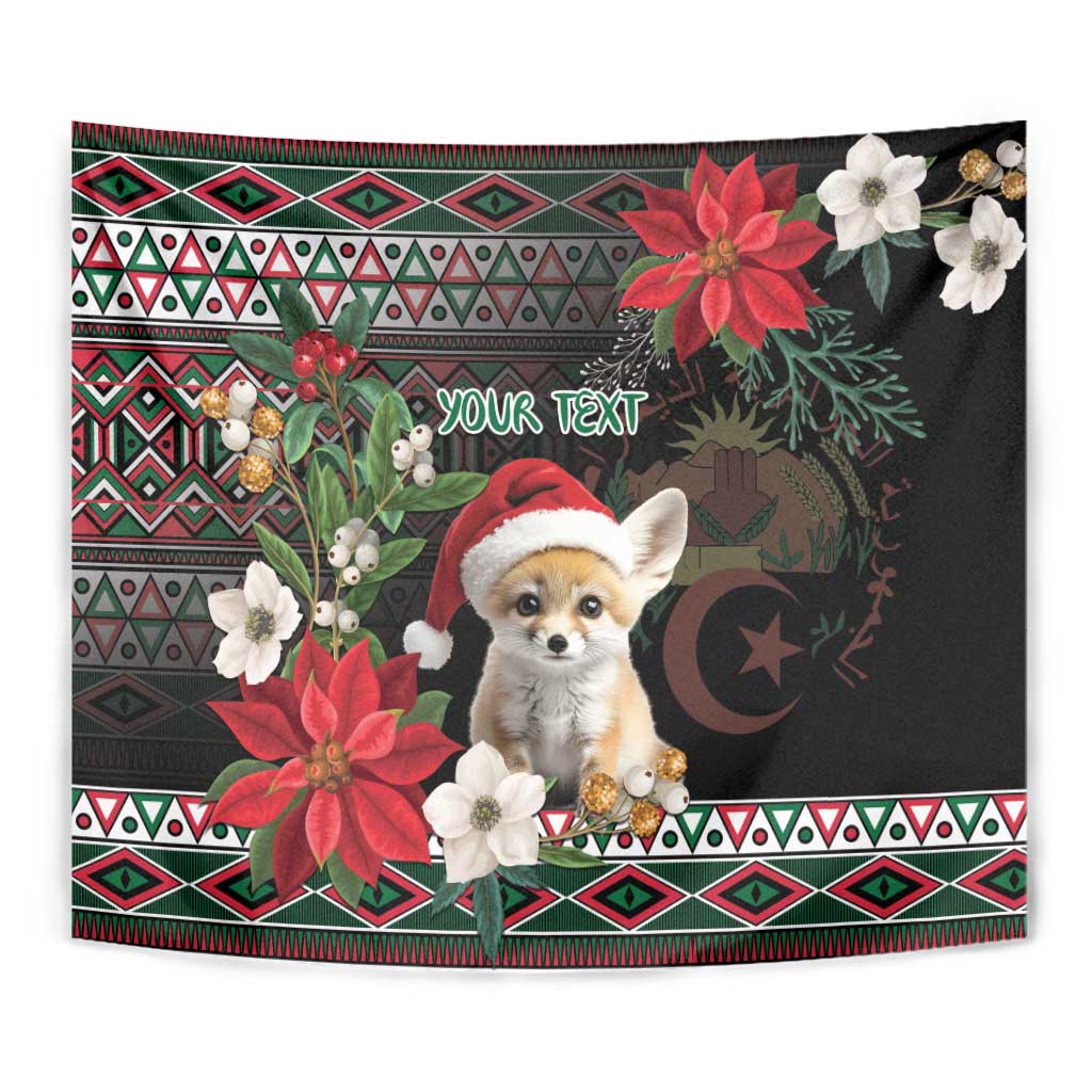 Close view of black Christmas tapestry with fennec fox Santa, poinsettias, and “Your text”