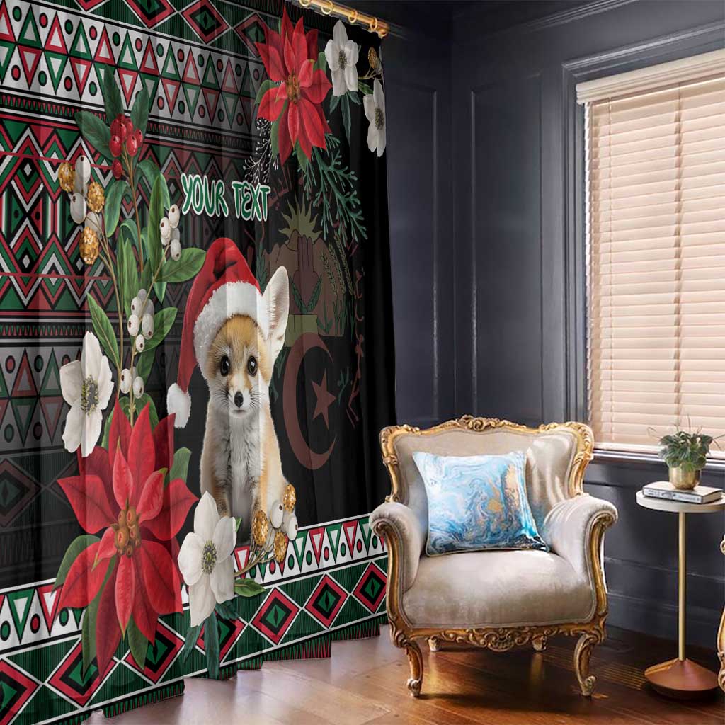 Fennec fox Christmas window curtain on black background with poinsettia and crescent moon motif