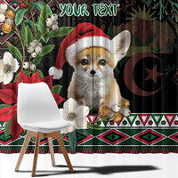 Close view Christmas curtain with fennec fox in Santa hat, poinsettias, and “YOUR TEXT”