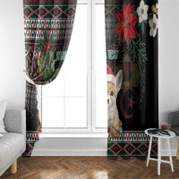 Window curtains with fennec fox and Santa hat design, black side panels, and geometric hem
