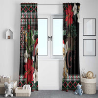 Black Christmas window curtains featuring fennec fox face, poinsettia flowers, and geometric trim