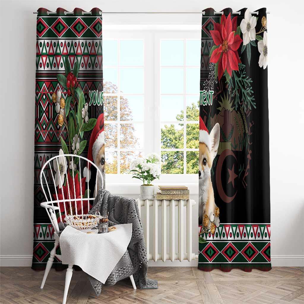 Black Christmas window curtain set with fennec fox, Santa hat, and festive pattern border