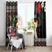 Black Christmas window curtain set with fennec fox, Santa hat, and festive pattern border