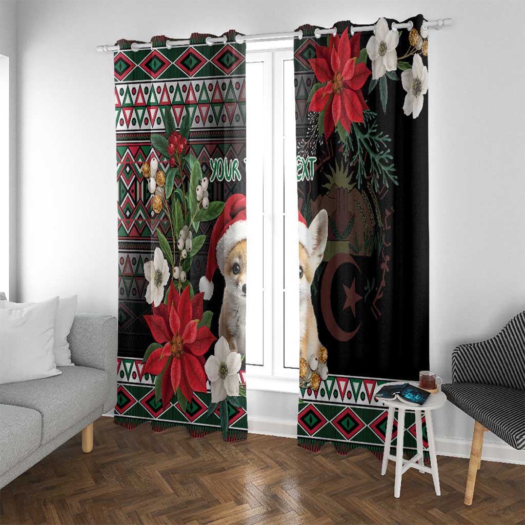Christmas window curtains with colorful geometric border and fennec fox, poinsettia, pine motifs