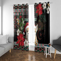 Christmas window curtains with colorful geometric border and fennec fox, poinsettia, pine motifs