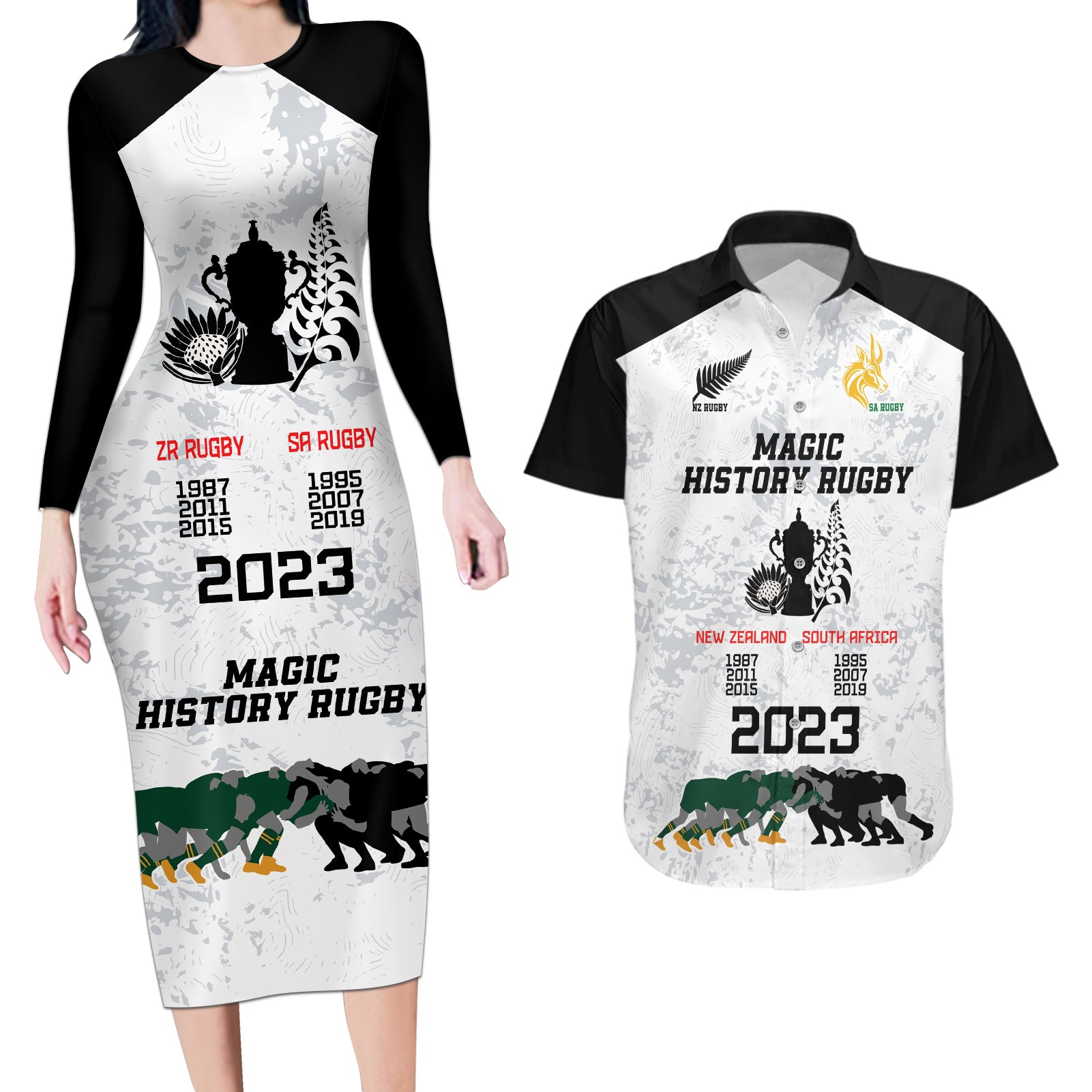 New Zealand South Africa Rugby Couples Matching Long Sleeve Bodycon Dress and Hawaiian Shirt History Commemorative World Cup Winners Unique LT9 - Wonder Print Shop