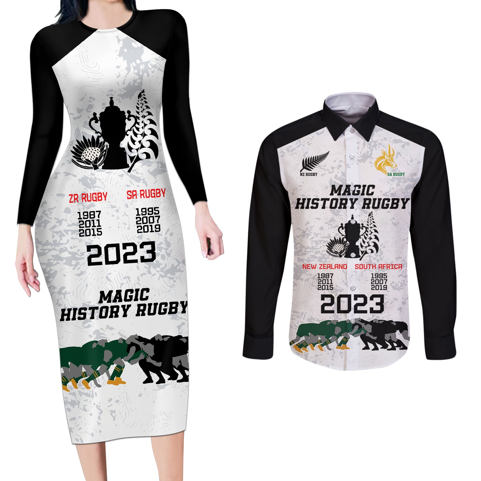 New Zealand South Africa Rugby Couples Matching Long Sleeve Bodycon Dress and Long Sleeve Button Shirt History Commemorative World Cup Winners Unique LT9 - Wonder Print Shop