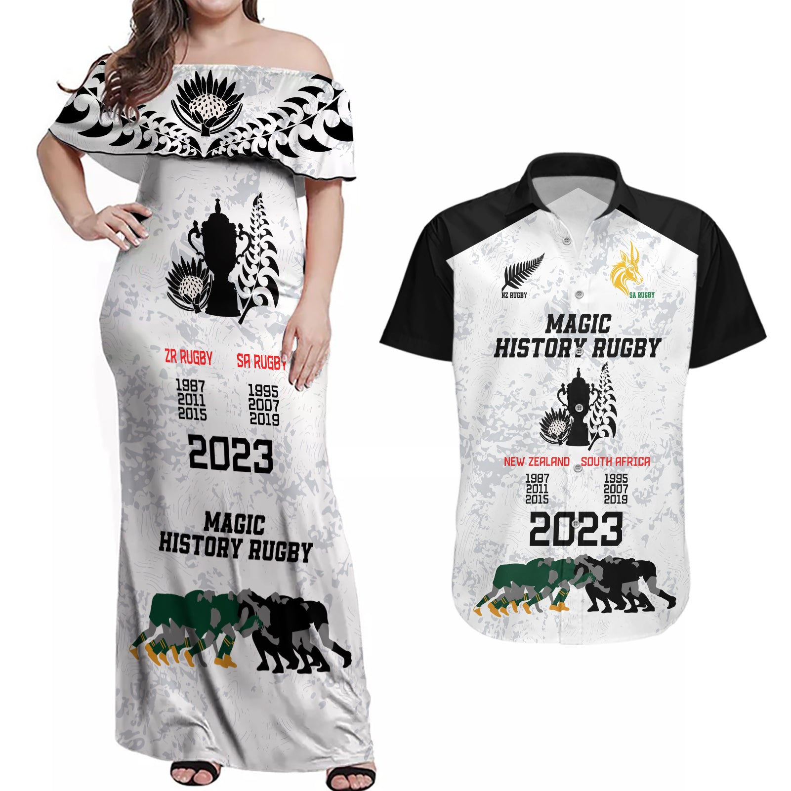 New Zealand South Africa Rugby Couples Matching Off Shoulder Maxi Dress and Hawaiian Shirt History Commemorative World Cup Winners Unique LT9 - Wonder Print Shop