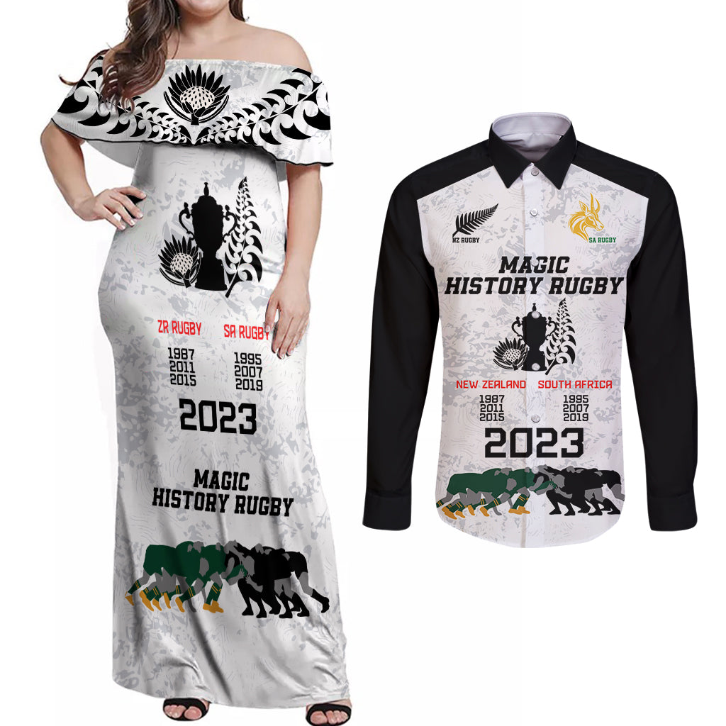 New Zealand South Africa Rugby Couples Matching Off Shoulder Maxi Dress and Long Sleeve Button Shirt History Commemorative World Cup Winners Unique LT9 - Wonder Print Shop