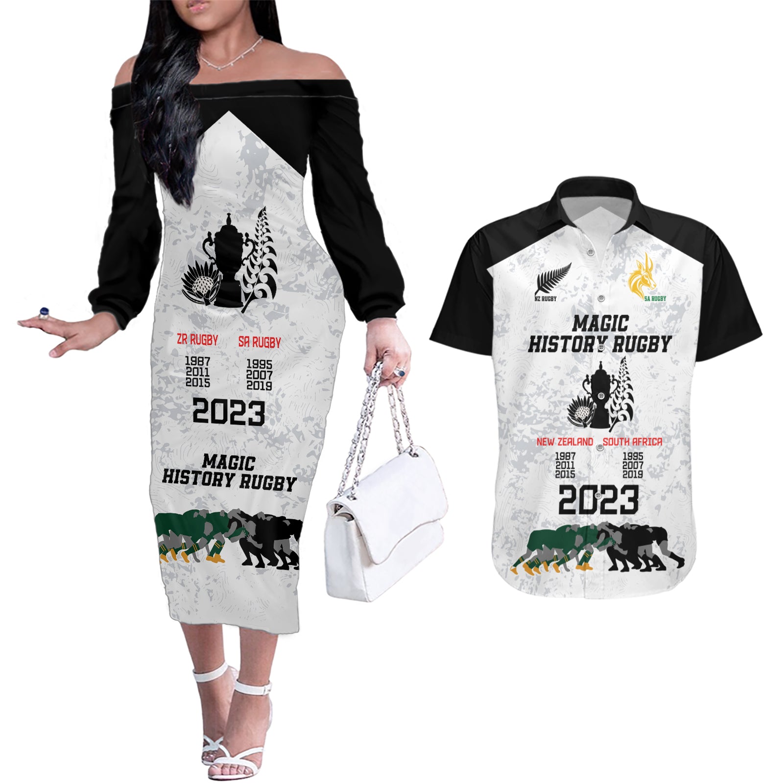 New Zealand South Africa Rugby Couples Matching Off The Shoulder Long Sleeve Dress and Hawaiian Shirt History Commemorative World Cup Winners Unique LT9 - Wonder Print Shop