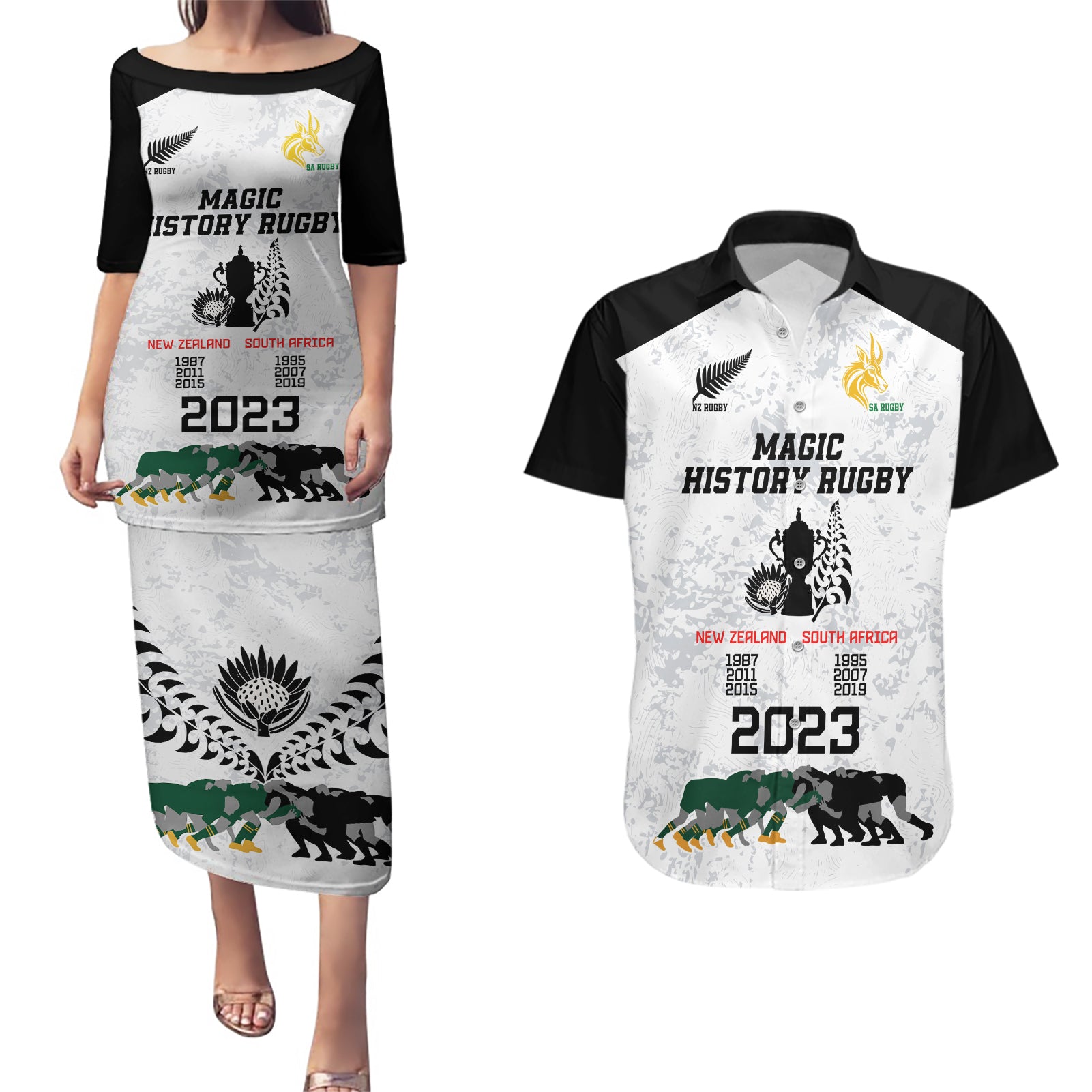 New Zealand South Africa Rugby Couples Matching Puletasi Dress and Hawaiian Shirt History Commemorative World Cup Winners Unique LT9 - Wonder Print Shop