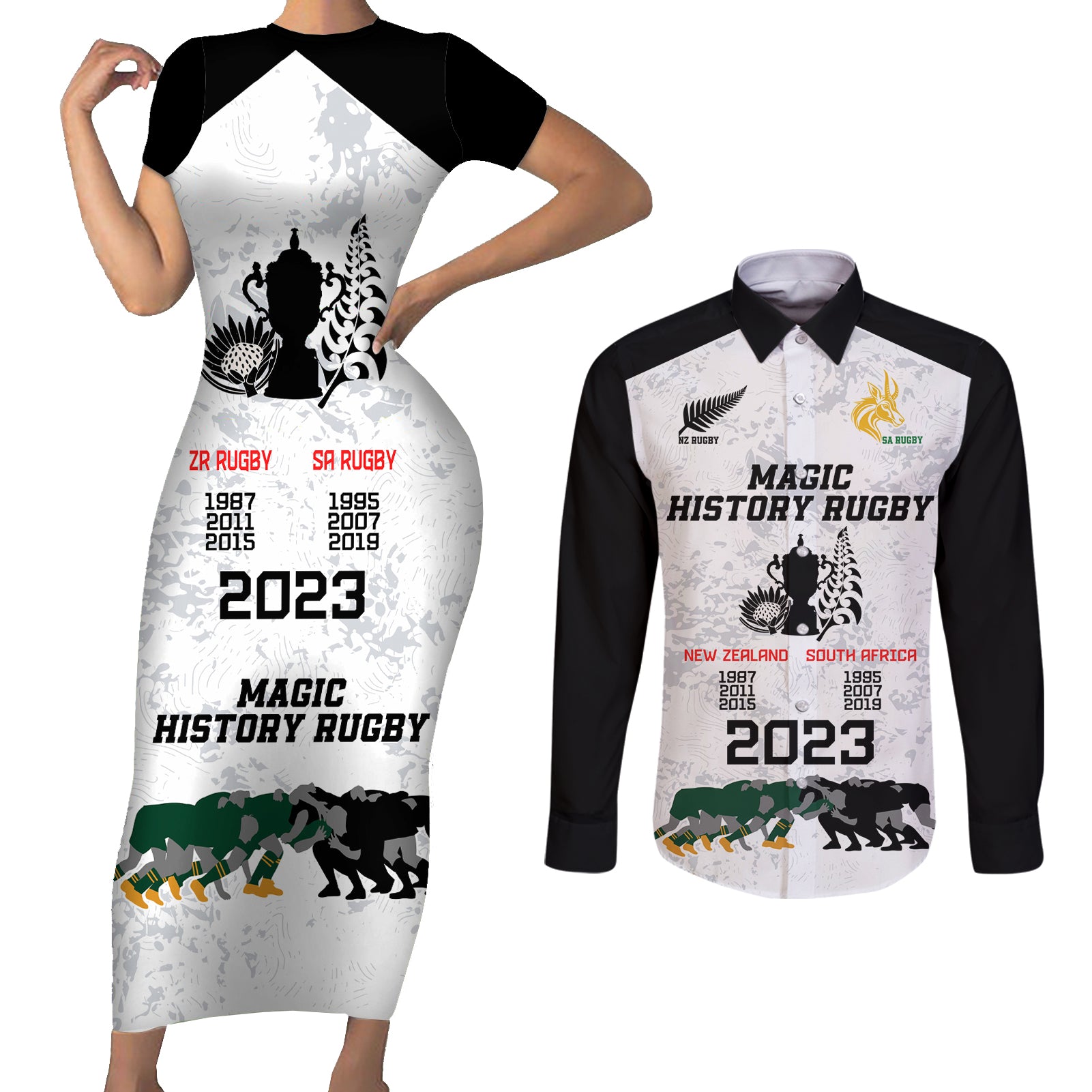 New Zealand South Africa Rugby Couples Matching Short Sleeve Bodycon Dress and Long Sleeve Button Shirt History Commemorative World Cup Winners Unique LT9 - Wonder Print Shop