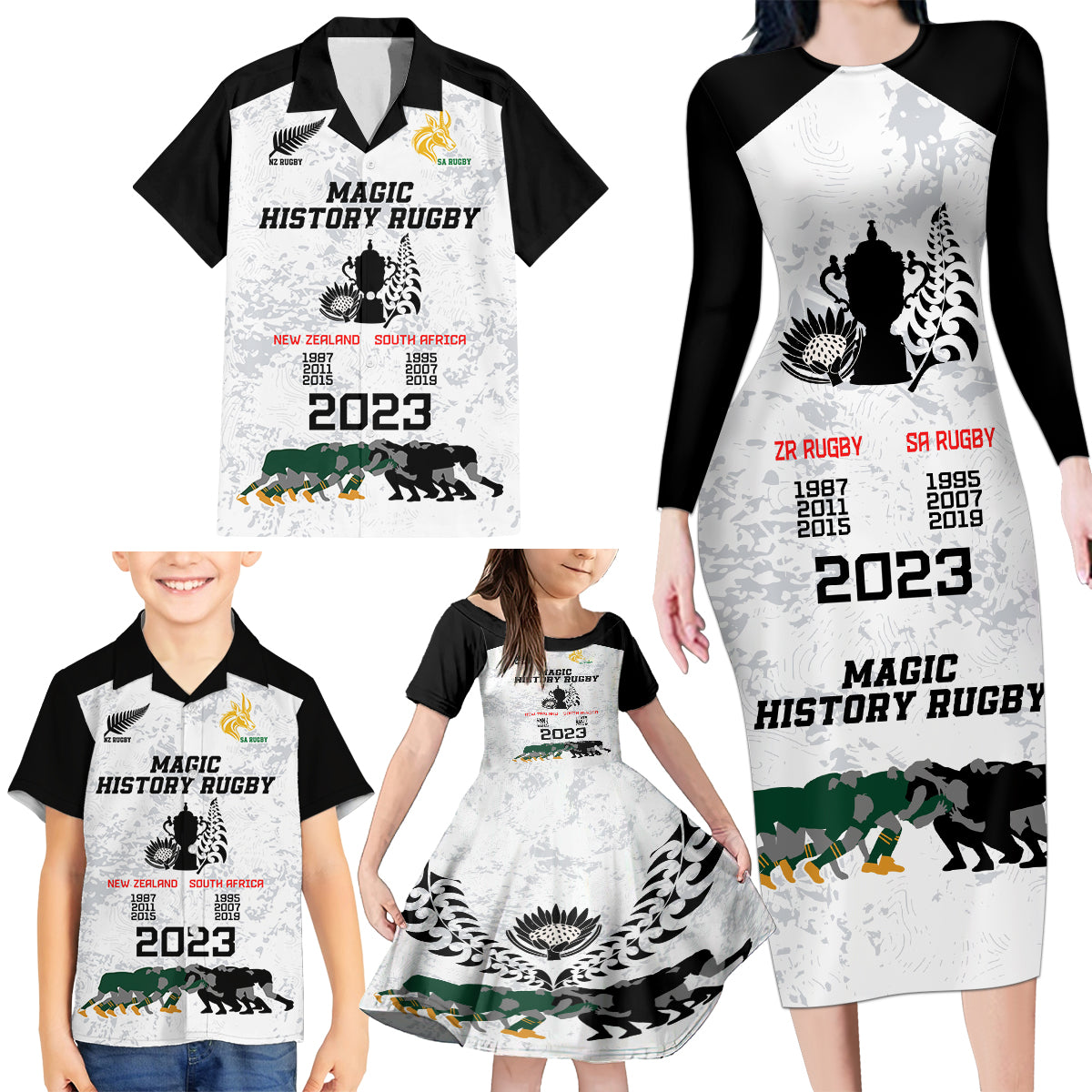 New Zealand South Africa Rugby Family Matching Long Sleeve Bodycon Dress and Hawaiian Shirt History Commemorative World Cup Winners Unique LT9 - Wonder Print Shop