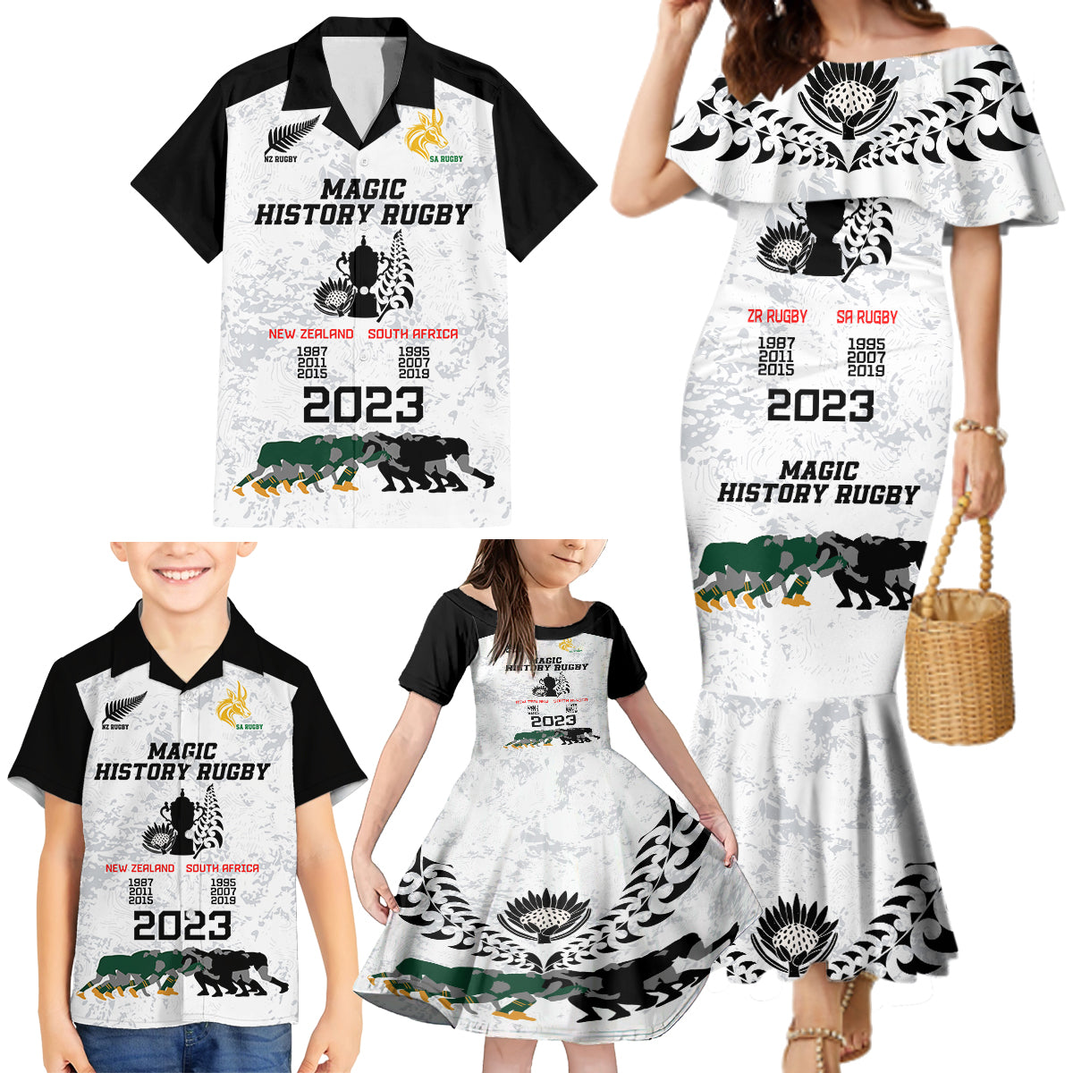 New Zealand South Africa Rugby Family Matching Mermaid Dress and Hawaiian Shirt History Commemorative World Cup Winners Unique LT9 - Wonder Print Shop