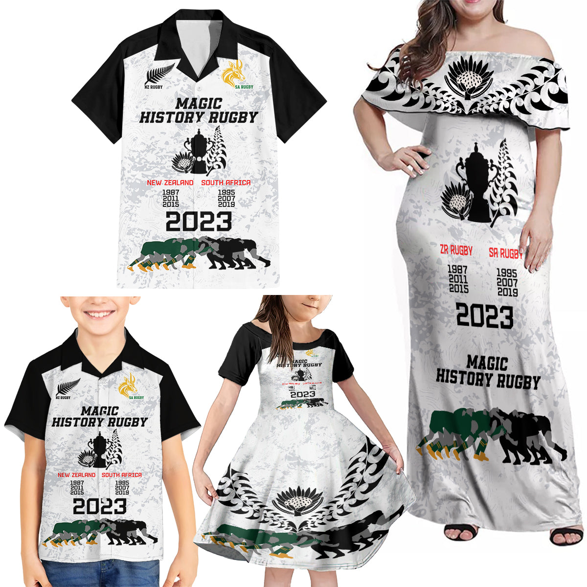 New Zealand South Africa Rugby Family Matching Off Shoulder Maxi Dress and Hawaiian Shirt History Commemorative World Cup Winners Unique LT9 - Wonder Print Shop