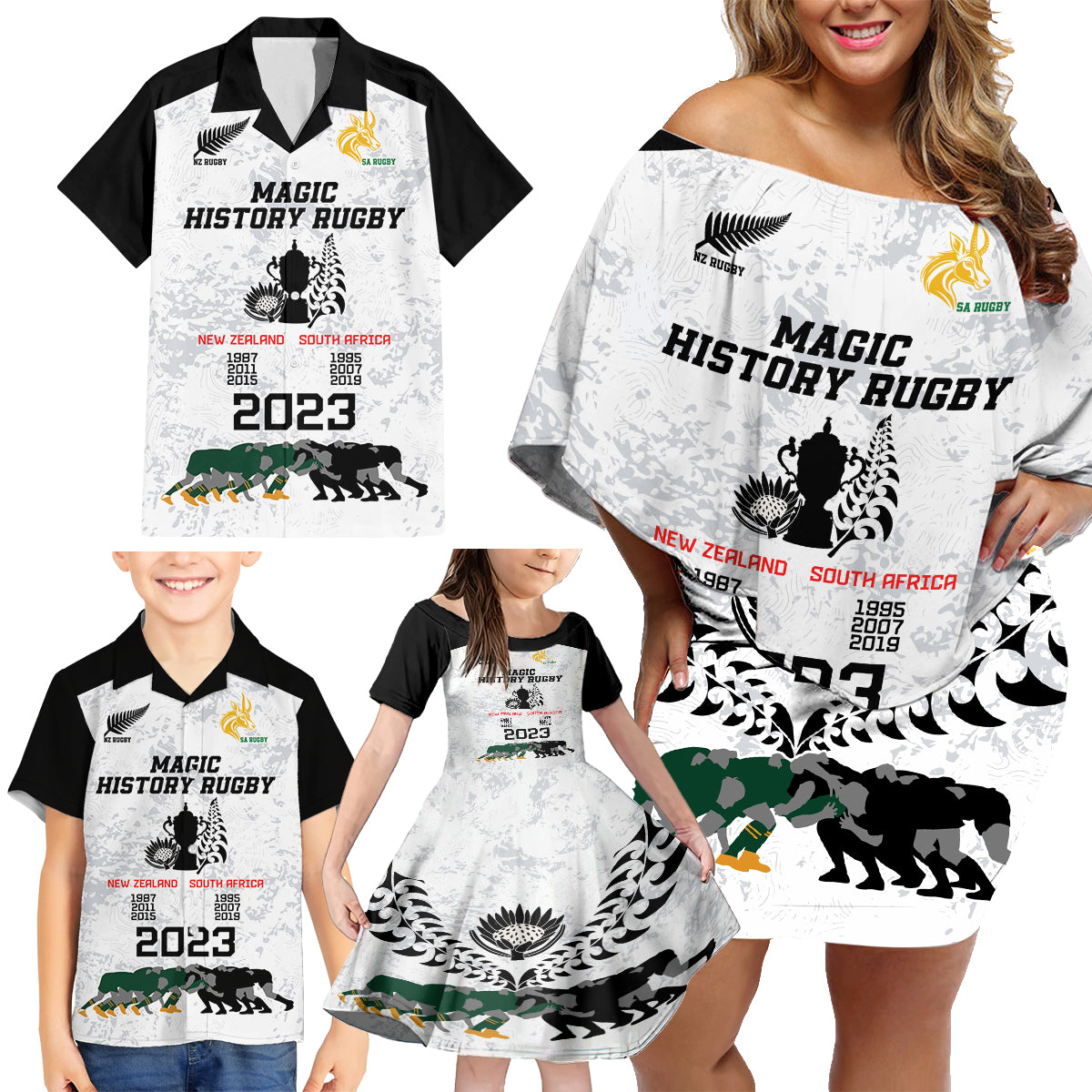 New Zealand South Africa Rugby Family Matching Off Shoulder Short Dress and Hawaiian Shirt History Commemorative World Cup Winners Unique LT9 - Wonder Print Shop