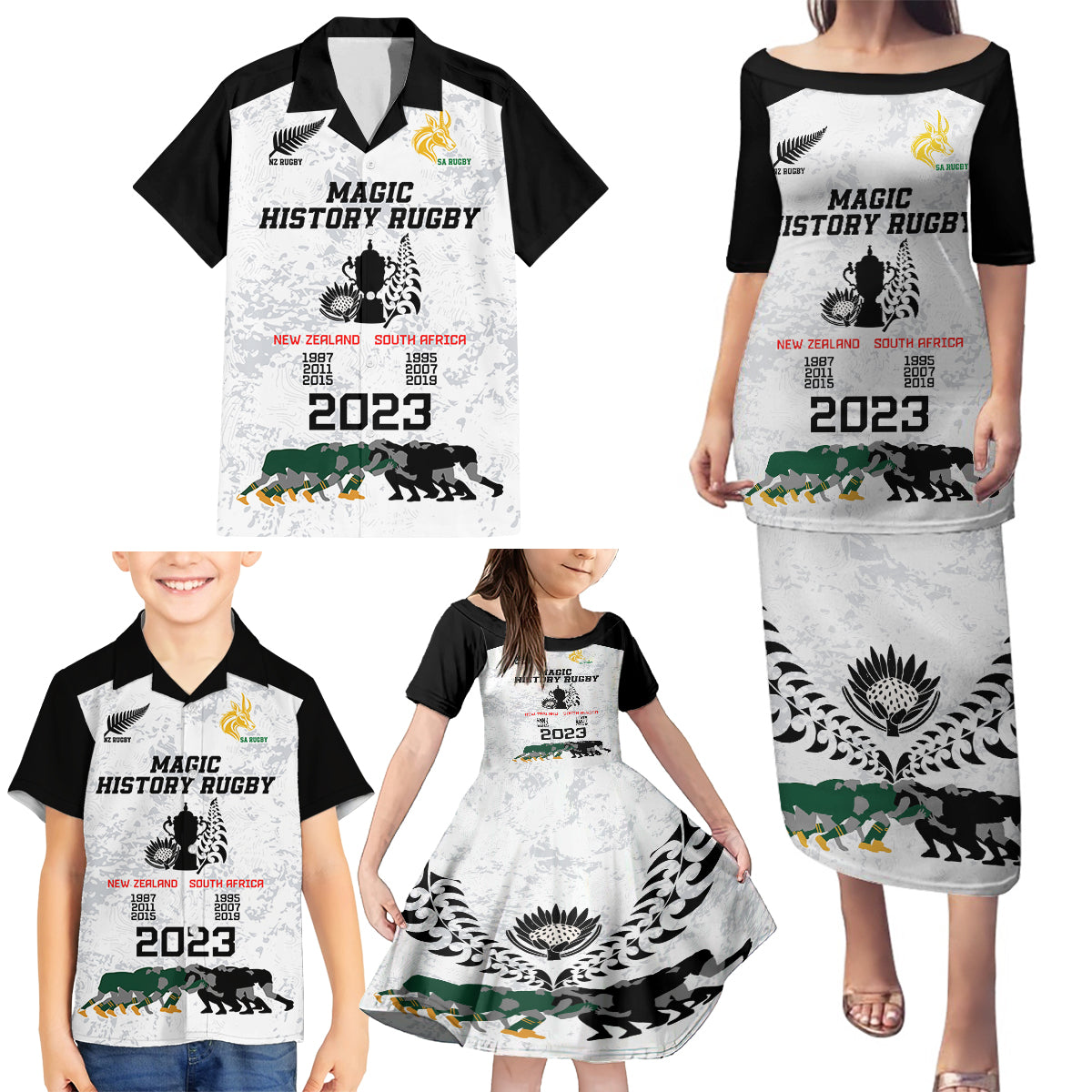 New Zealand South Africa Rugby Family Matching Puletasi Dress and Hawaiian Shirt History Commemorative World Cup Winners Unique - Wonder Print Shop