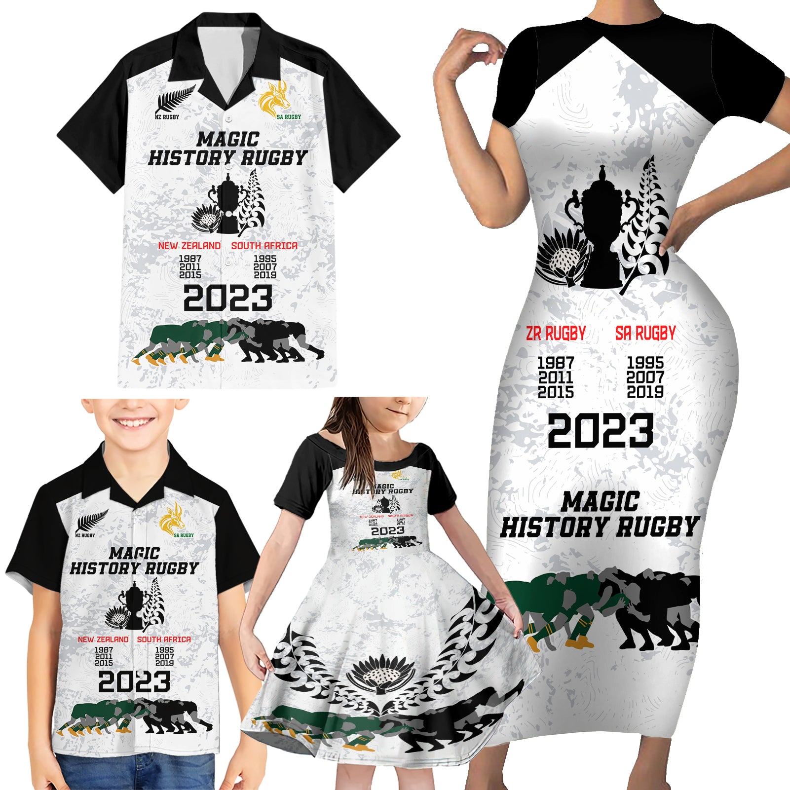 New Zealand South Africa Rugby Family Matching Short Sleeve Bodycon Dress and Hawaiian Shirt History Commemorative World Cup Winners Unique - Wonder Print Shop