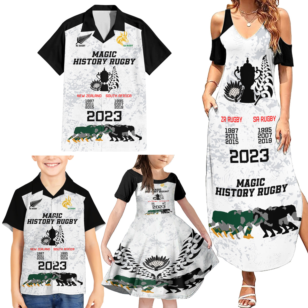 New Zealand South Africa Rugby Family Matching Summer Maxi Dress and Hawaiian Shirt History Commemorative World Cup Winners Unique - Wonder Print Shop