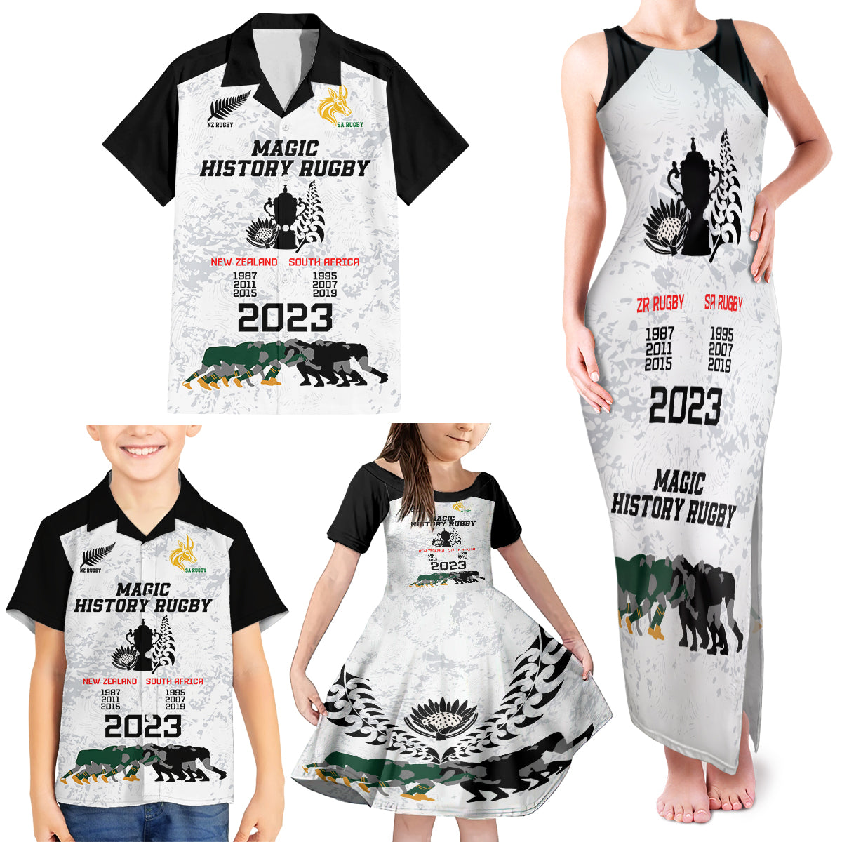 New Zealand South Africa Rugby Family Matching Tank Maxi Dress and Hawaiian Shirt History Commemorative World Cup Winners Unique - Wonder Print Shop