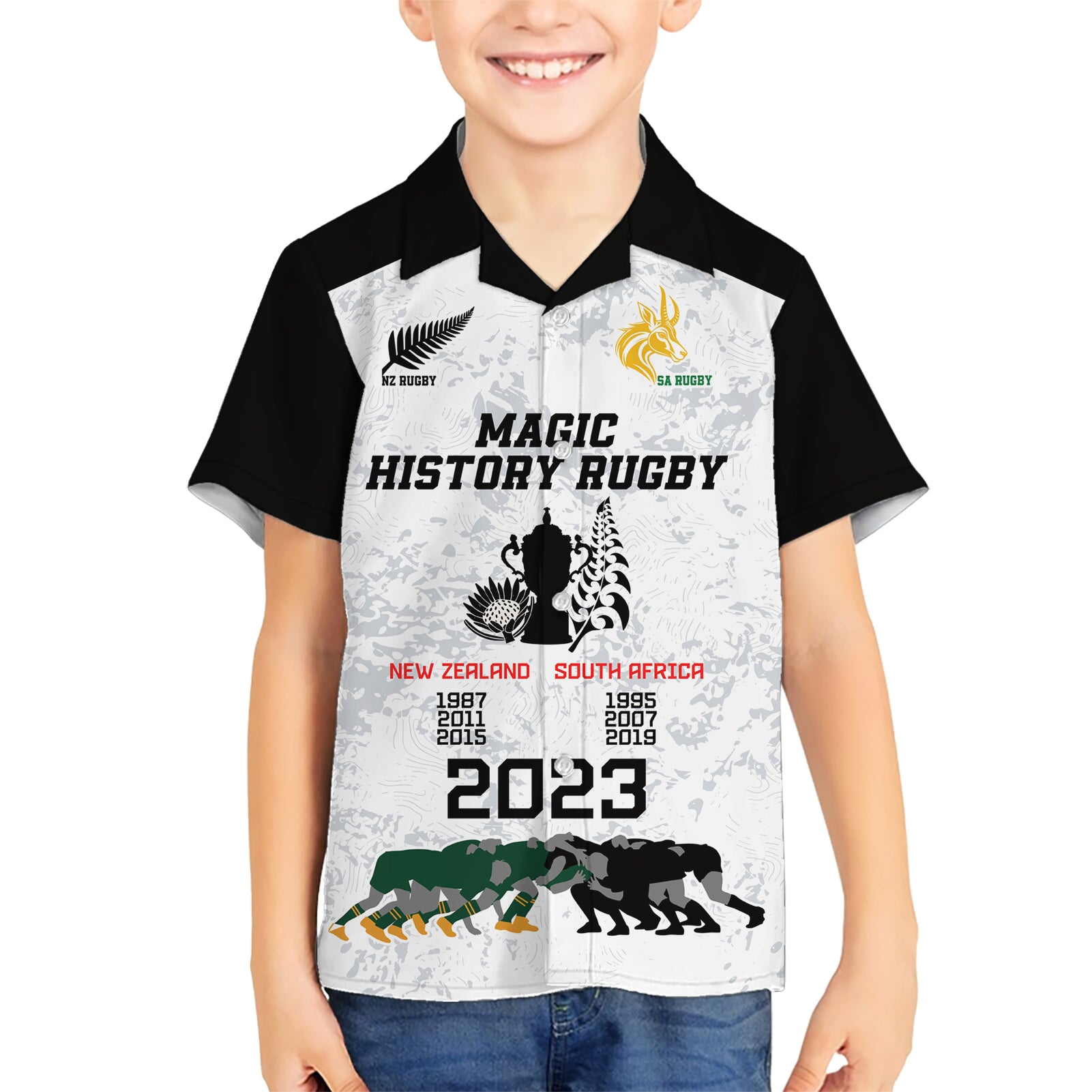 New Zealand South Africa Rugby Kid Hawaiian Shirt History Commemorative World Cup Winners Unique - Wonder Print Shop