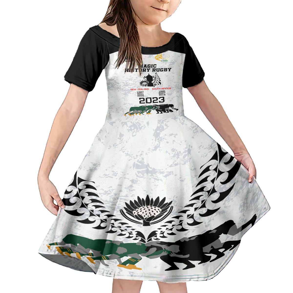 New Zealand South Africa Rugby Kid Short Sleeve Dress History Commemorative World Cup Winners Unique - Wonder Print Shop