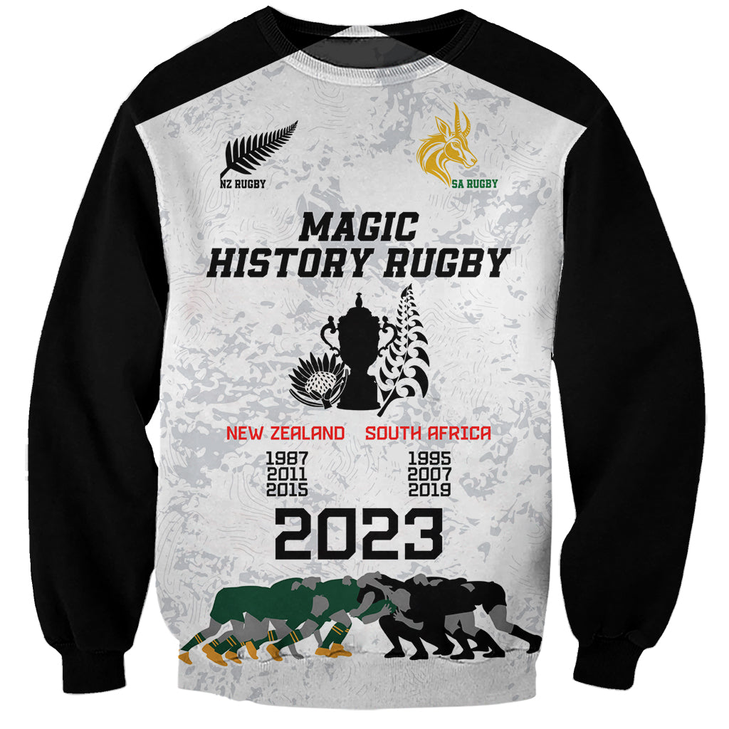 Unisex rugby history sweatshirt, light gray with black sleeves and 2023 graphic front