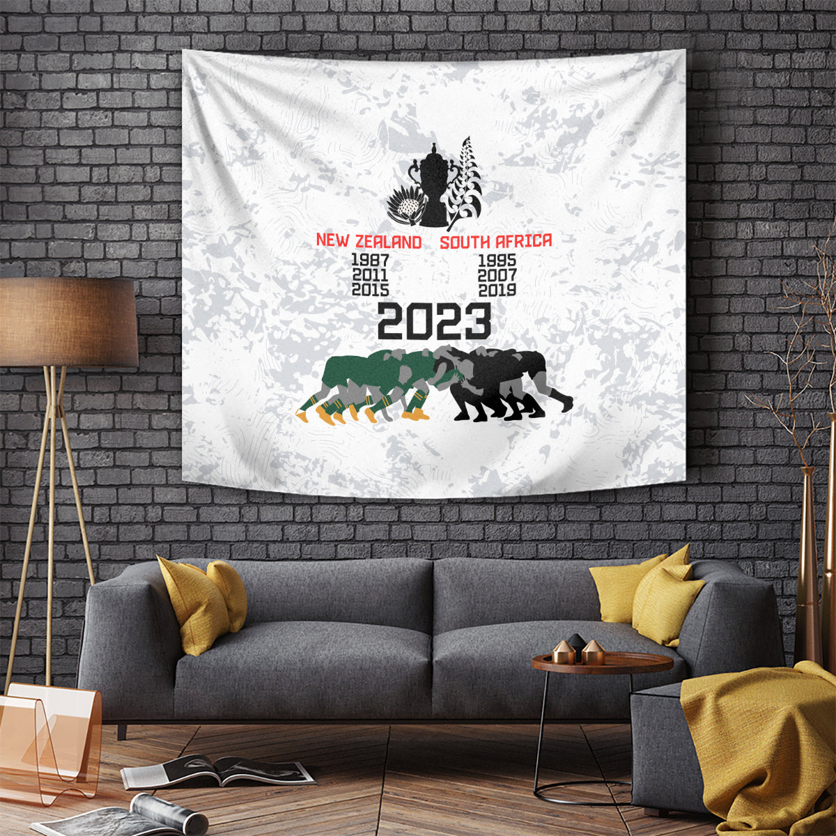 White rugby wall tapestry with '2023' text and New Zealand vs South Africa graphics
