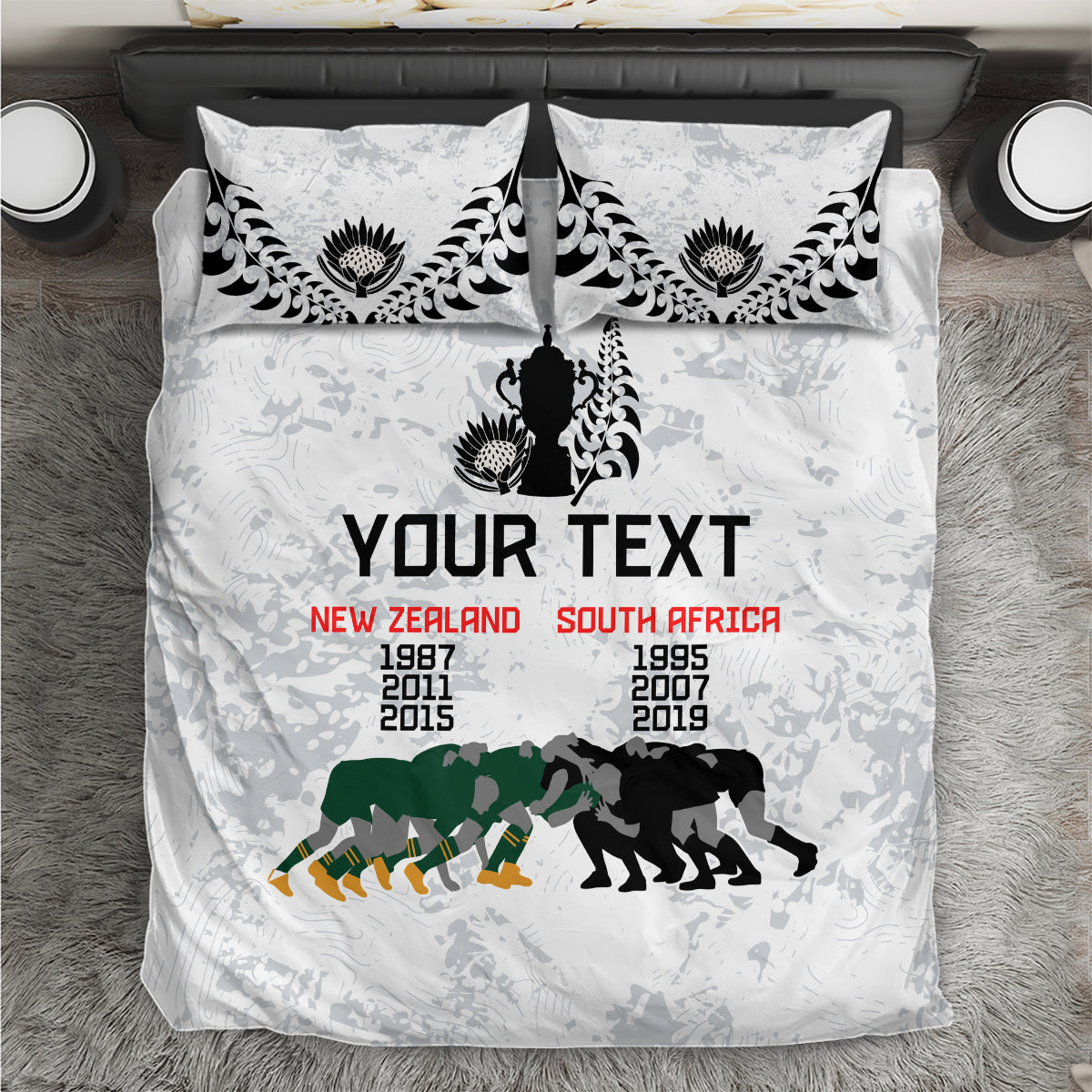 White rugby-themed bedding set with two pillows, black ornament, 'YOUR TEXT' and team map graphic