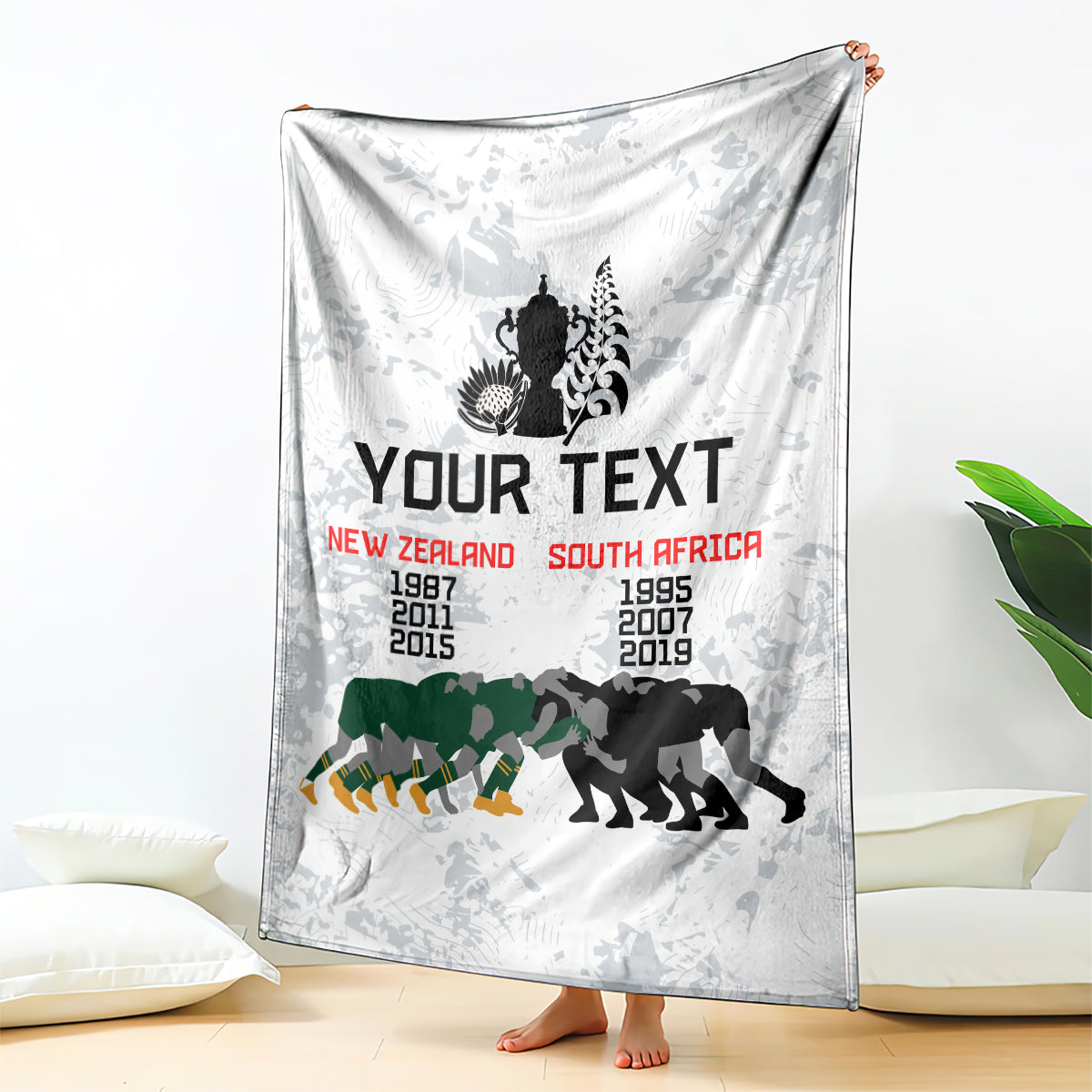Commemorative rugby blanket, white with black lion graphic, bold custom text panel