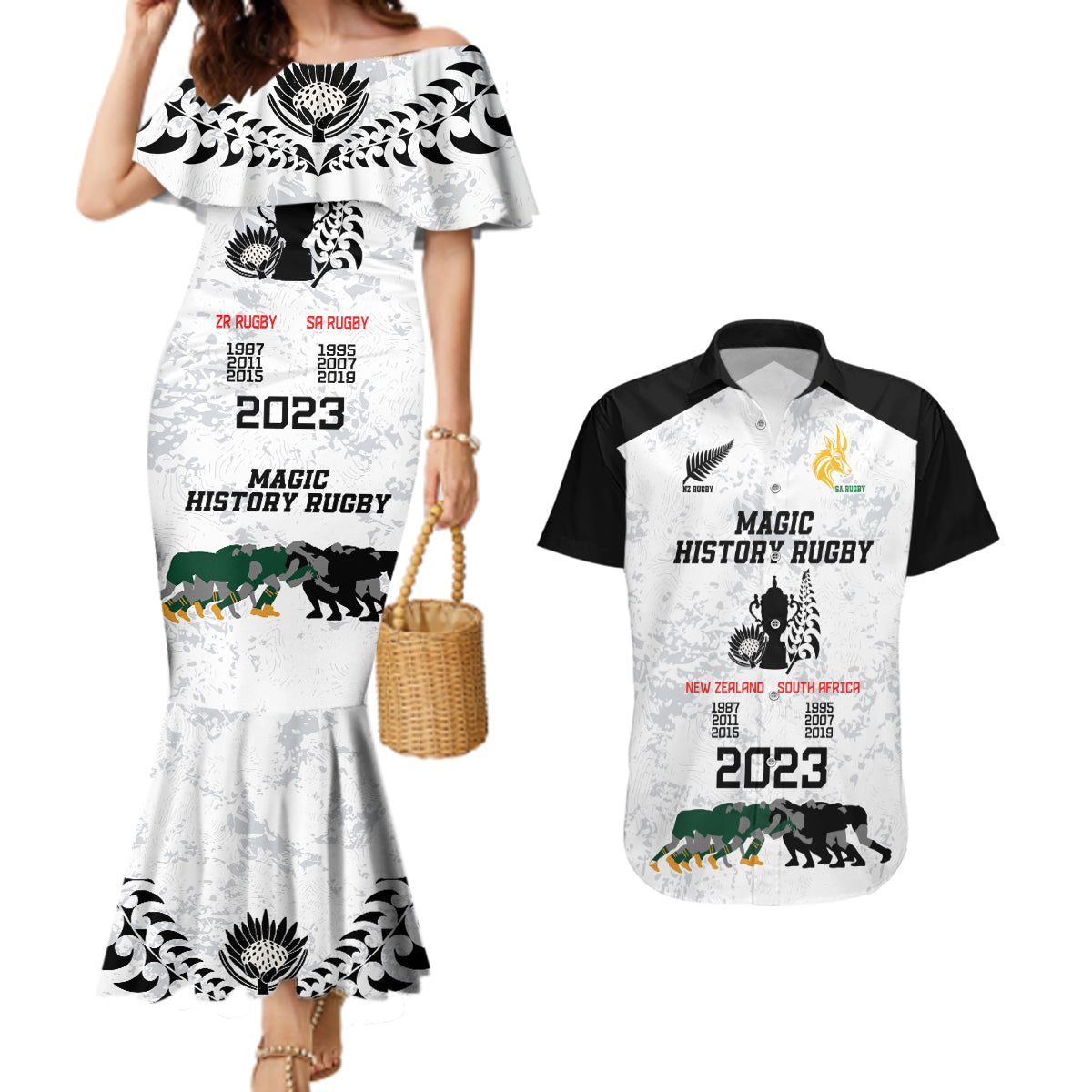 Custom New Zealand South Africa Rugby Couples Matching Mermaid Dress and Hawaiian Shirt History Commemorative World Cup Winners Unique LT9 - Wonder Print Shop