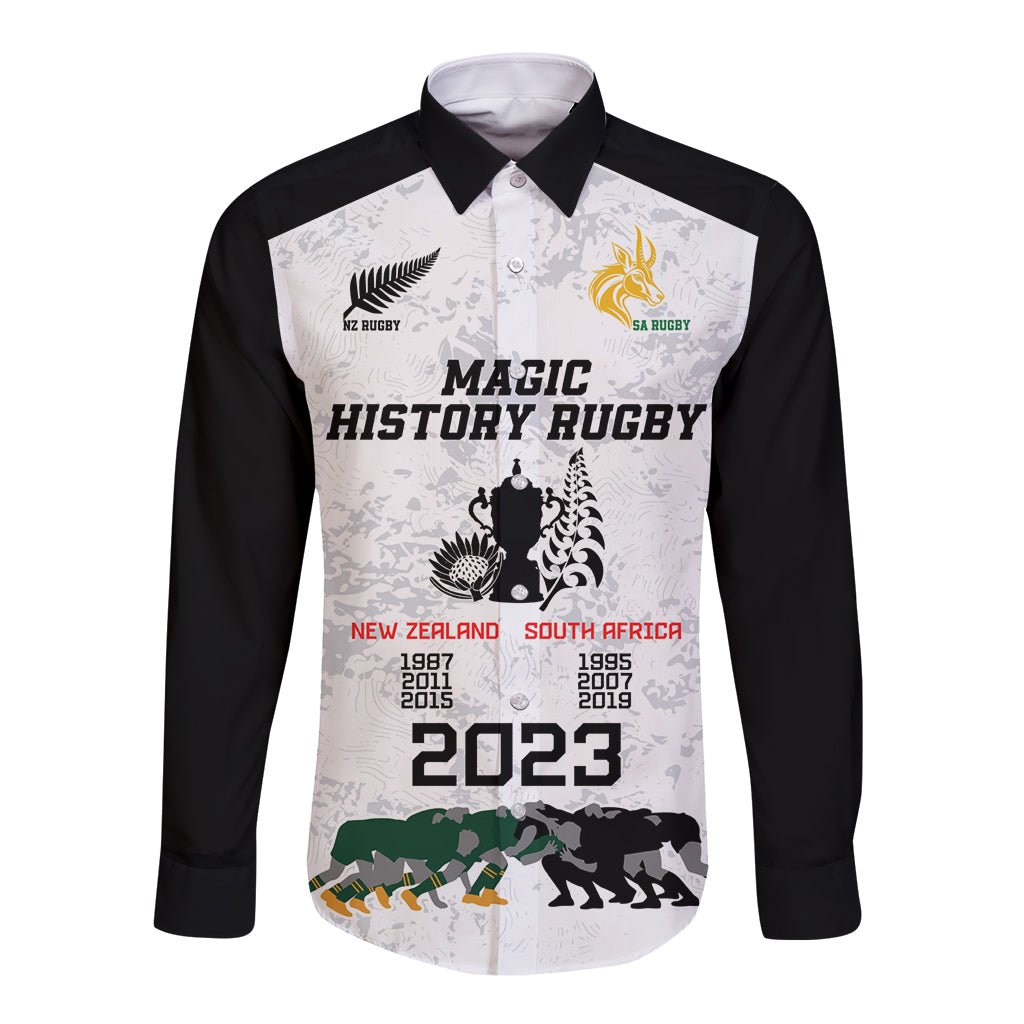 Rugby long sleeve button shirt with black sleeves and white graphic front