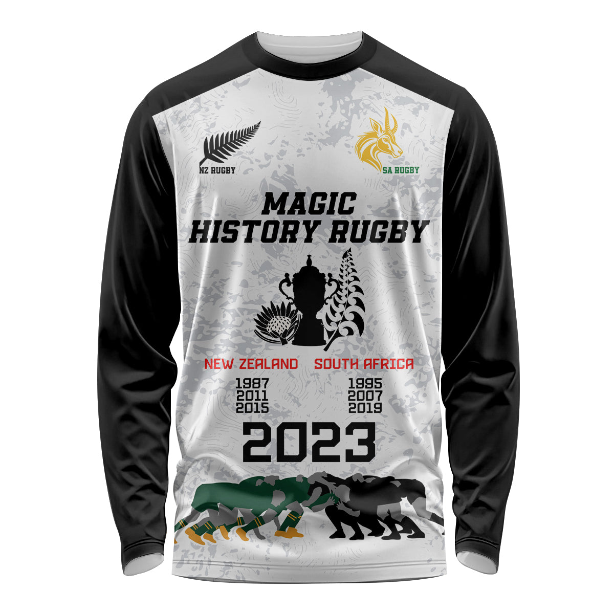 Custom New Zealand South Africa Rugby Long Sleeve Shirt History Commemorative World Cup Winners Unique - Wonder Print Shop