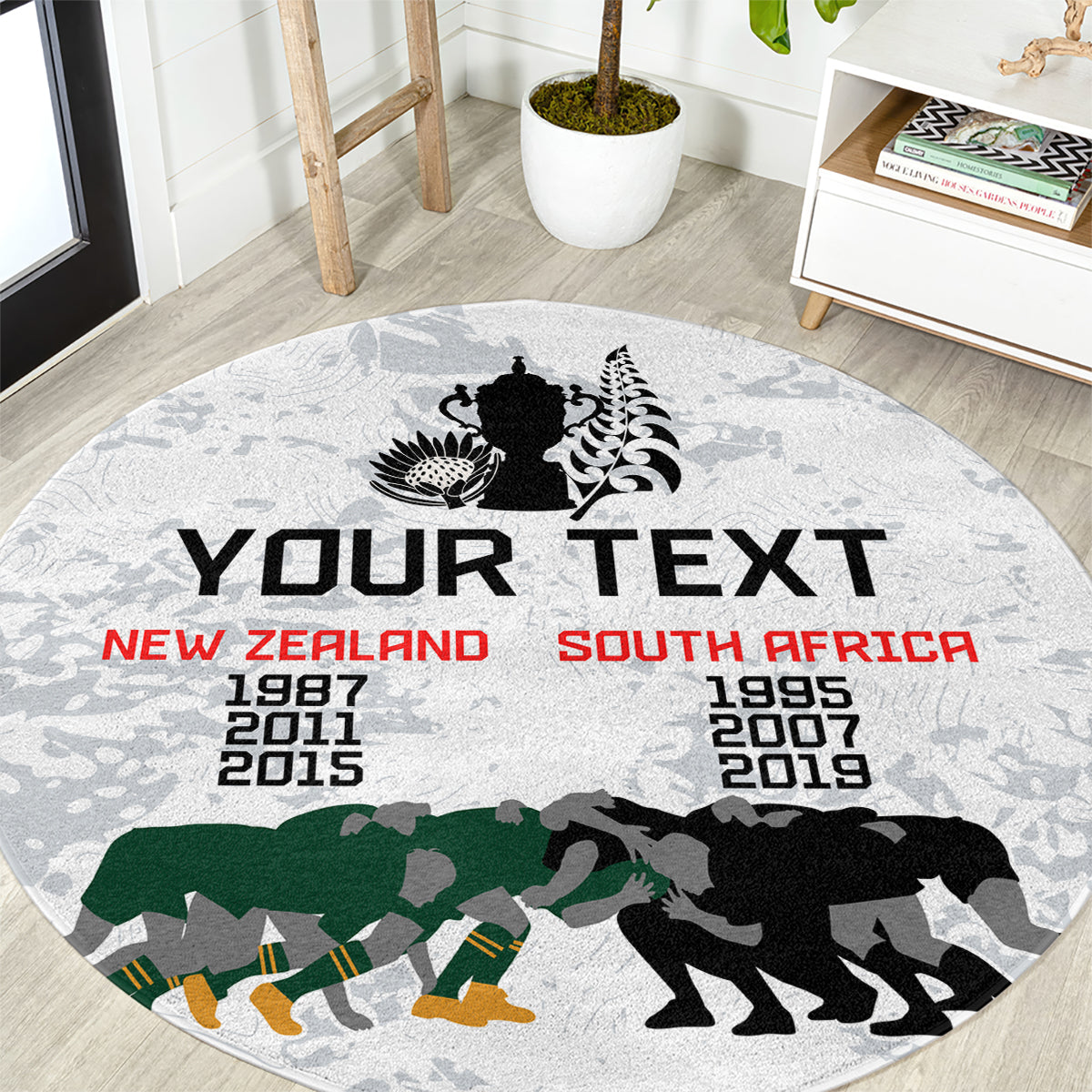 Round grey rug with 'YOUR TEXT' and New Zealand/South Africa graphic