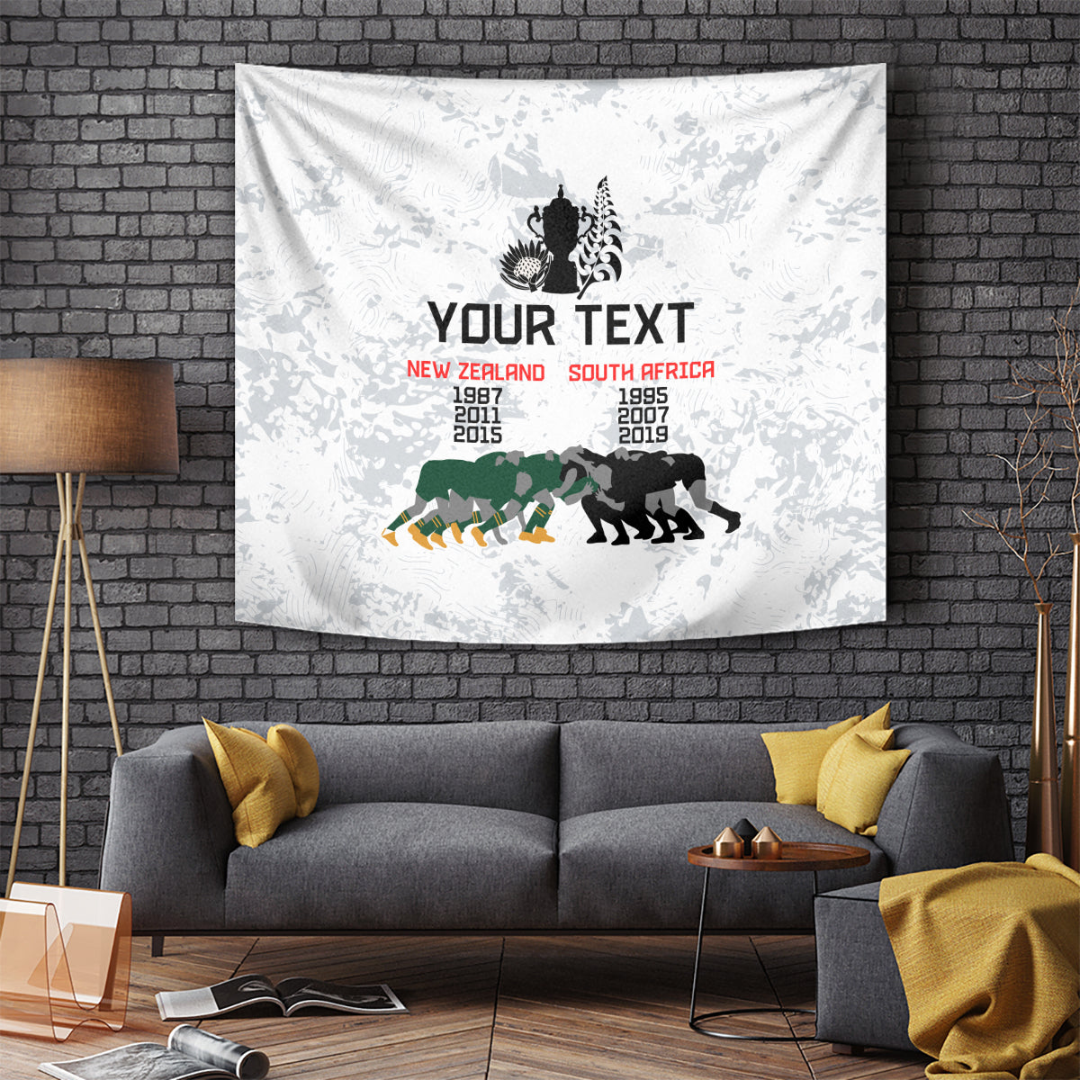 White rugby tapestry wall hanging with 'YOUR TEXT' and New Zealand vs South Africa graphics