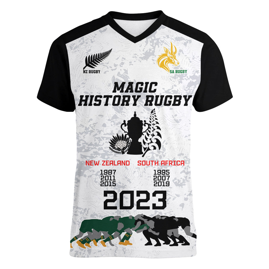 Custom New Zealand South Africa Rugby Women V Neck T Shirt History Commemorative World Cup Winners Unique - Wonder Print Shop