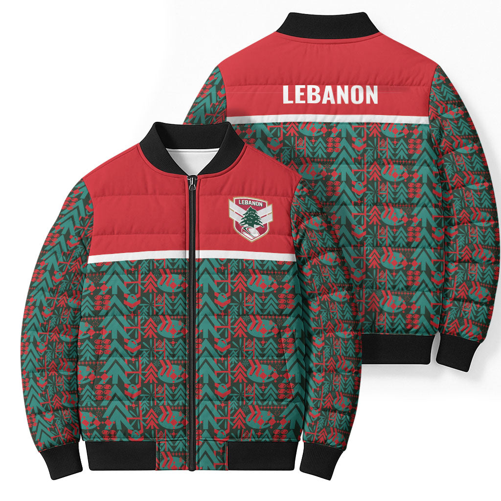Lebanon Rugby Tree Crest Bomber Puffer Jacket Lebanese Cedar Geometric Heritage