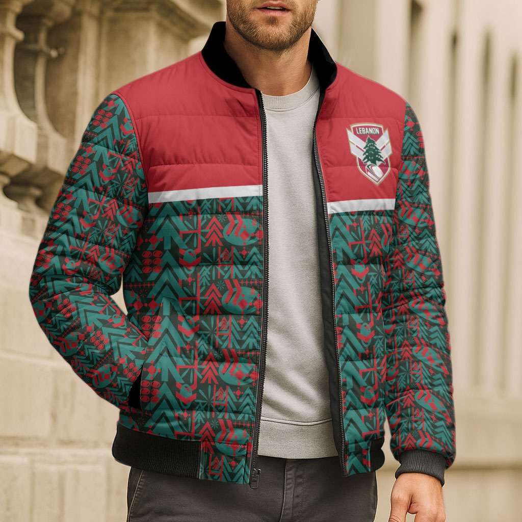 Lebanon Rugby Tree Crest Bomber Puffer Jacket Lebanese Cedar Geometric Heritage