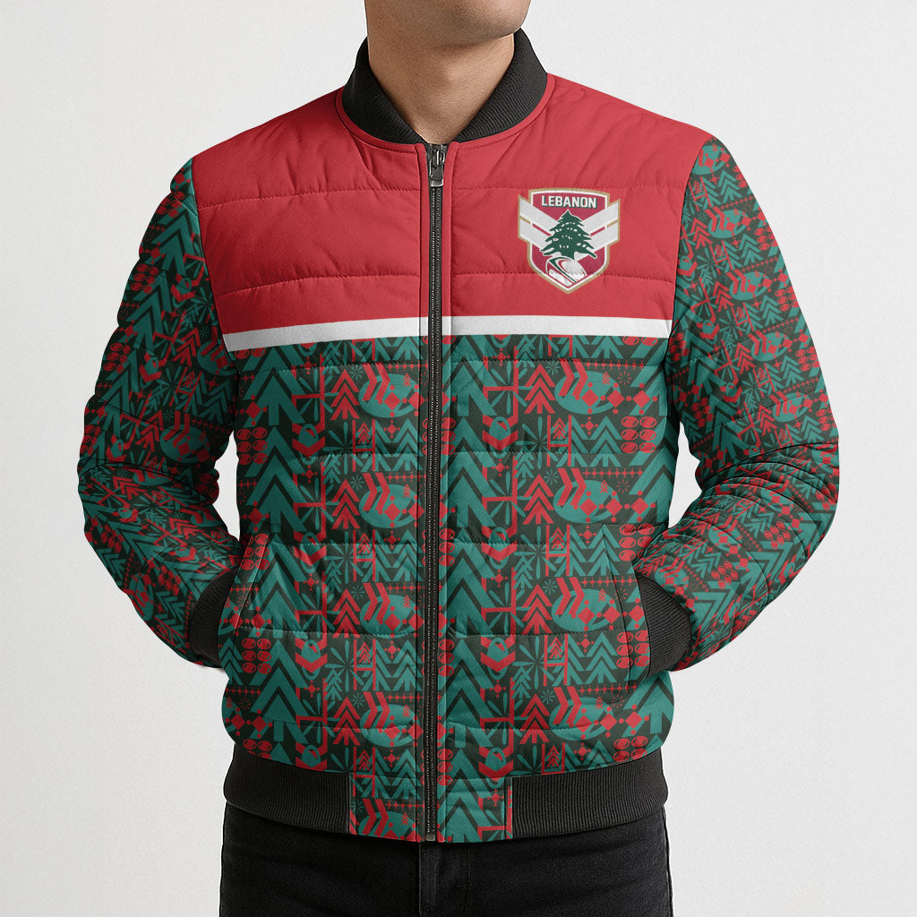 Lebanon Rugby Tree Crest Bomber Puffer Jacket Lebanese Cedar Geometric Heritage