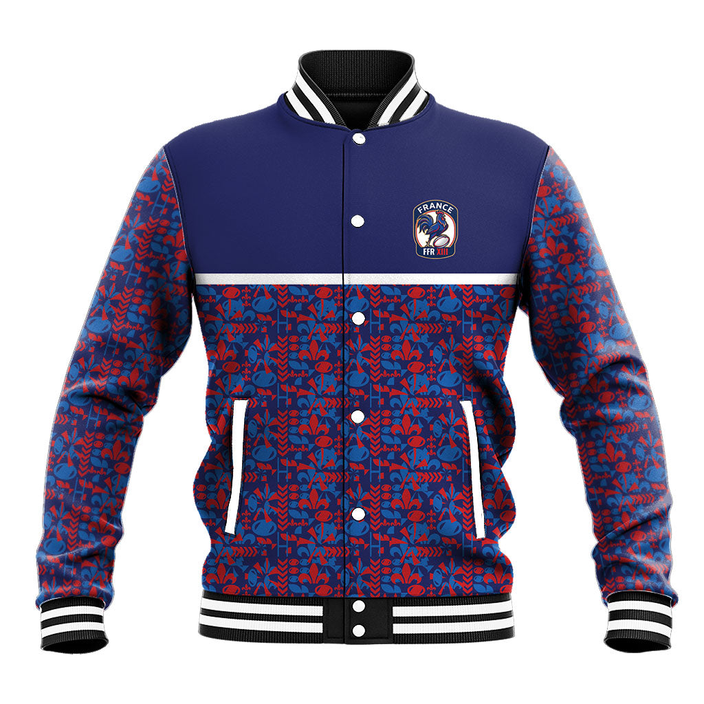 France Rugby Rooster Baseball Jacket Gallic Pride Tricolour Geometry