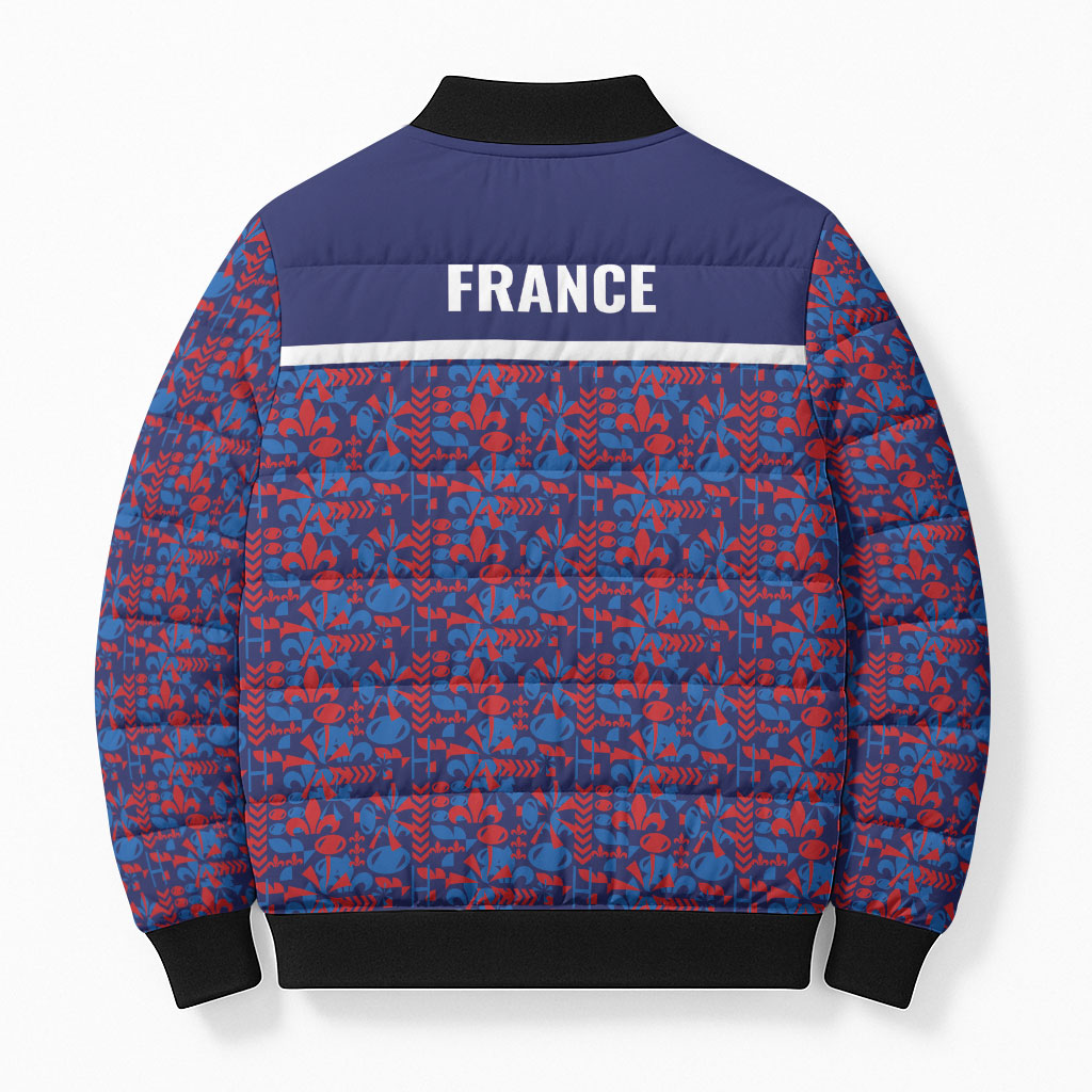 France Rugby Rooster Bomber Puffer Jacket Gallic Pride Tricolour Geometry