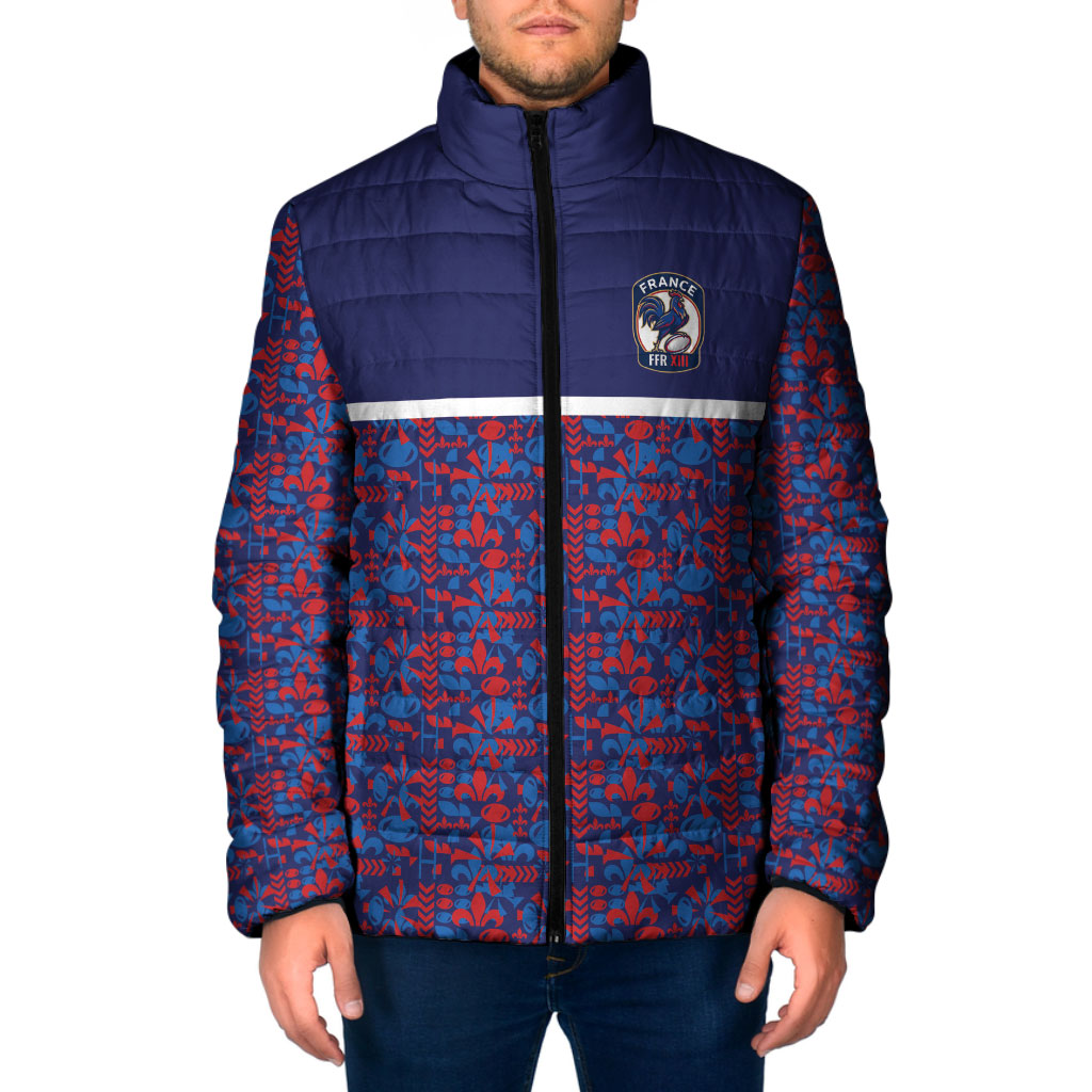 France Rugby Rooster Padded Jacket Gallic Pride Tricolour Geometry