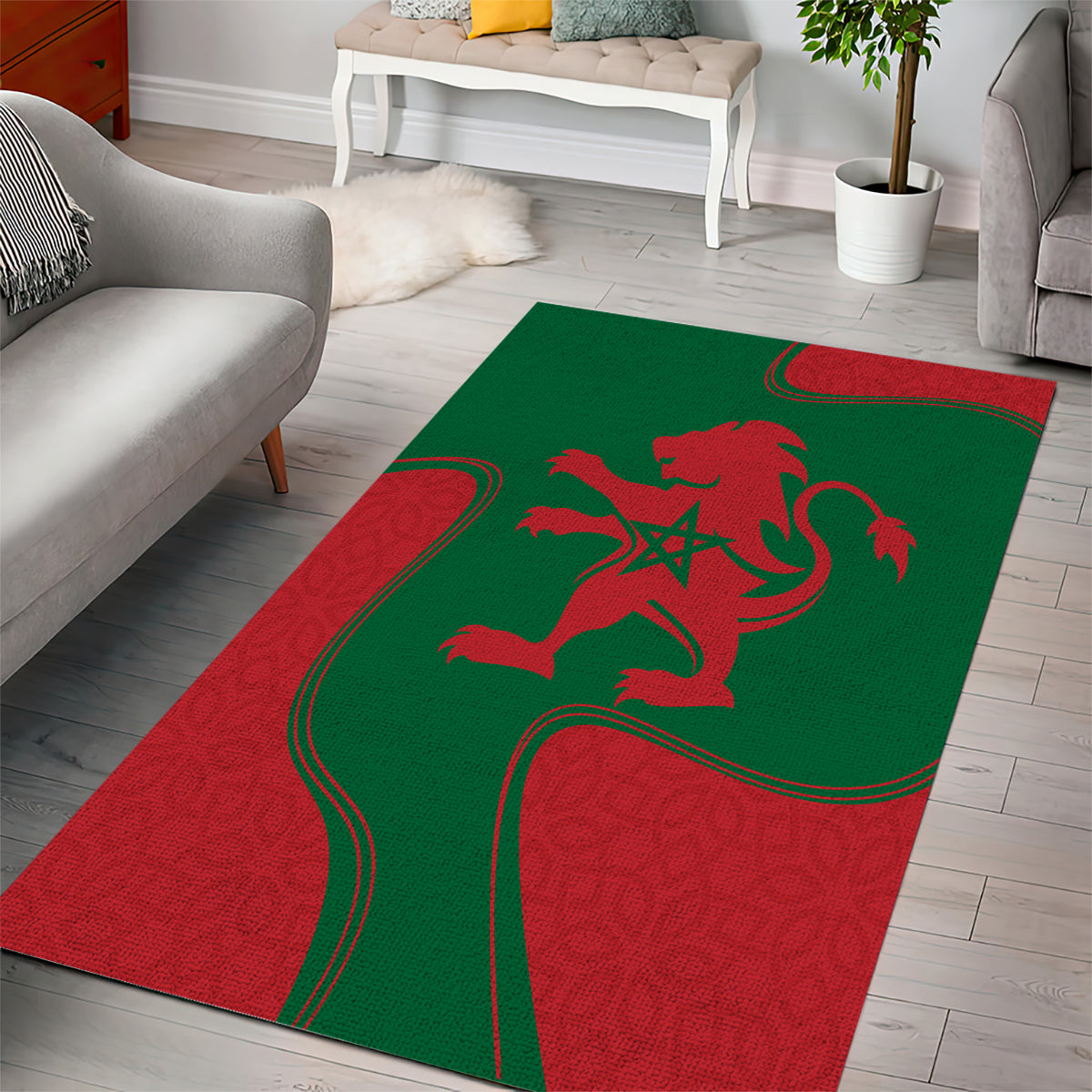 Green and red area rug featuring red lion emblem and sweeping ribbon design