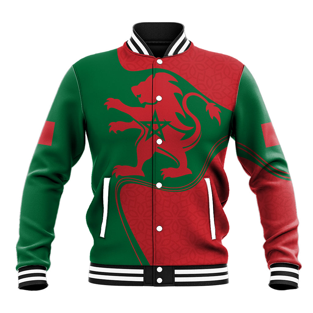 Unisex baseball jacket with red/green graphic, striped ribbed collar and button front