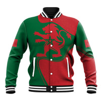 Unisex baseball jacket with red/green graphic, striped ribbed collar and button front