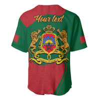 Red and green baseball jersey with Moroccan crest on back and "Your text" graphic