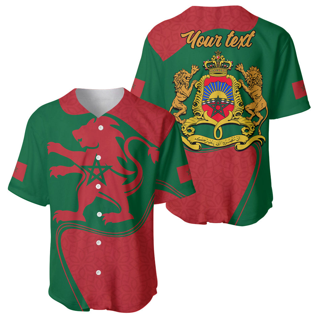 Red and green baseball jersey front and back view with Moroccan flag-style emblem print