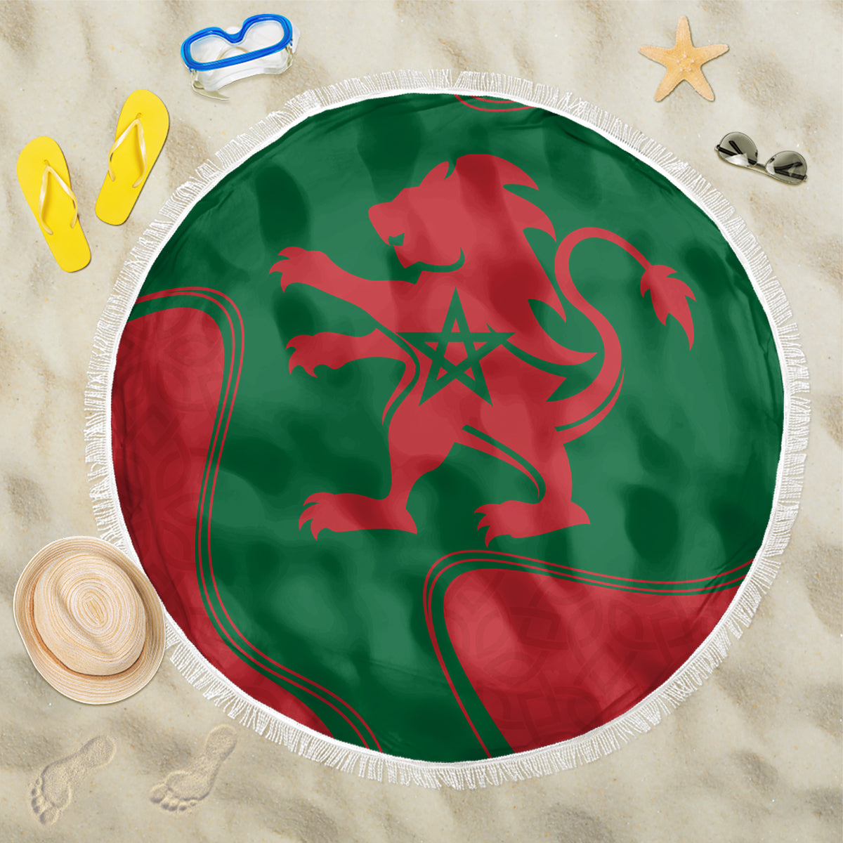 Round beach blanket with green-and-red Morocco emblem, fringed edge