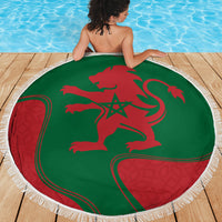 Round Morocco flag beach blanket with fringed edge, lion and star motif